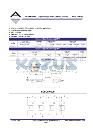 AGSC-2401S datasheet - 100/1000 Base T Gigabit Single Port LAN Filter Module