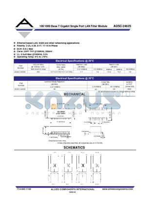 AGSC-2403S datasheet - 100/1000 Base T Gigabit Single Port LAN Filter Module