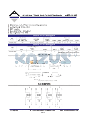 AGSC-2413BS datasheet - 100/1000 Base T Gigabit Single Port LAN Filter Module