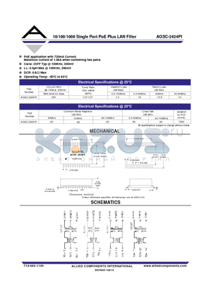 AGSC-2424PI datasheet - 10/100/1000 Single Port PoE Plus LAN Filter