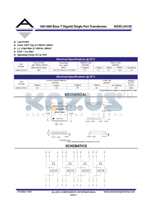 AGSC-2414S datasheet - 100/1000 Base T Gigabit Single Port Transformer