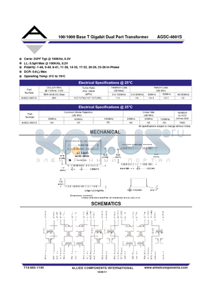 AGSC-4801S datasheet - 100/1000 Base T Gigabit Dual Port Transformer