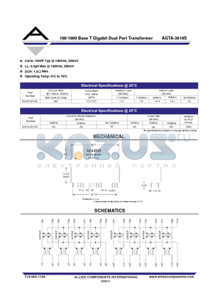 AGTA-3610S datasheet - 100/1000 Base T Gigabit Dual Port Transformer