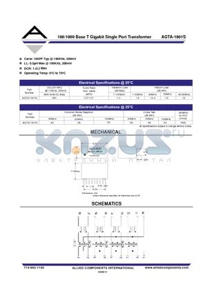 AGTA-1801S datasheet - 100/1000 Base T Gigabit Single Port Transformer