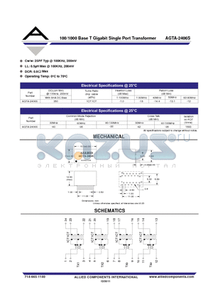 AGTA-2406S datasheet - 100/1000 Base T Gigabit Single Port Transformer