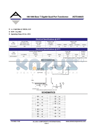AGTS-8802S datasheet - 100/1000 Base T Gigabit Quad Port Transformer