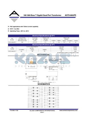 AGTS-8803PS datasheet - 100/1000 Base T Gigabit Quad Port Transformer