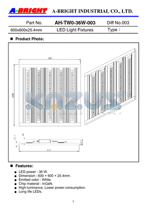 AH-TW0-36W-003 datasheet - 600x600x25.4mm LED Light Fixtures