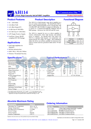 AH114-89G datasheet - l Watt, High Linearity InGaP HBT Amplifier