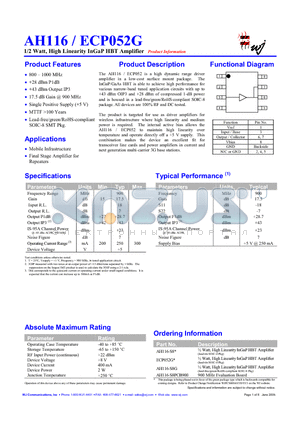 AH116-RFID datasheet - 1/2 Watt, High Linearity InGaP HBT Amplifier