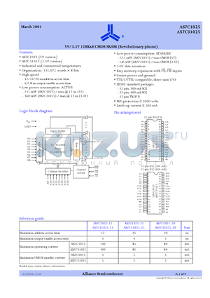 AS7C1025-20JC datasheet - 5V/3.3V 128K x8 CMOS SRAM (Revolutionary pinout)