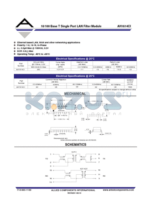 AH1614CI datasheet - 10/100 Base T Single Port LAN Filter Module