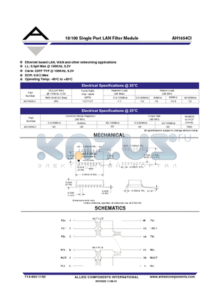 AH1654CI datasheet - 10/100 Single Port LAN Filter Module