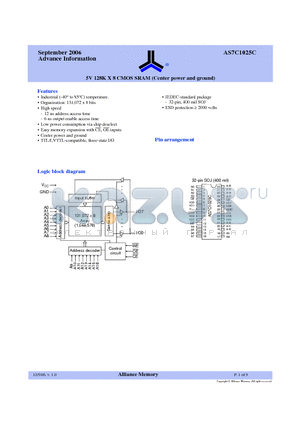 AS7C1025C datasheet - 5V 128K X 8 CMOS SRAM (Center power and ground)