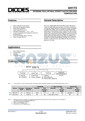 AH173-PL-7-A datasheet - INTERNAL PULL-UP HALL EFFECT LATCH FOR HIGH TEMPERATURE