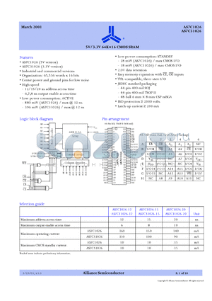 AS7C1026-20 datasheet - 5V / 3.3V 64KX16 CMOS SRAM