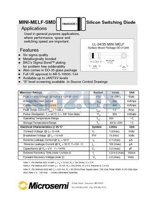 1N4454UR-1 datasheet - MINI-MELF-SMD Silicon Swithching Diode