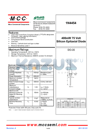 1N4454_11 datasheet - 400mW 75 Volt Silicon Epitaxial Diode