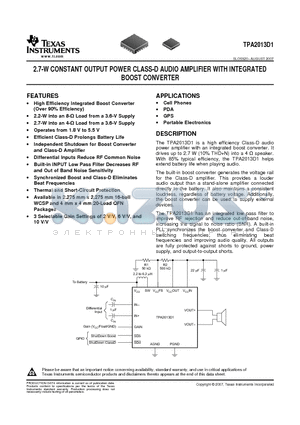 BLM18EG121SN1 datasheet - 2.7-W CONSTANT OUTPUT POWER CLASS-D AUDIO AMPLIFIER WITH INTEGRATED BOOST CONVERTER