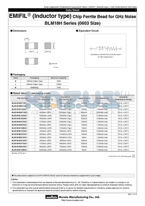 BLM18HE102SN1D datasheet - EMIFILr (Inductor type) Chip Ferrite Bead for GHz Noise