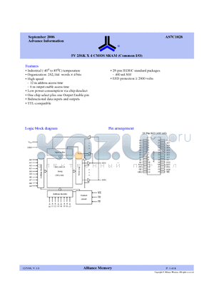 AS7C1028 datasheet - 5V 256K X 4 CMOS SRAM (Common I/O)