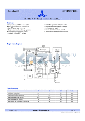 AS7C251MFT18A-10TQIN datasheet - 2.5V 1M x 18 flowthrough burst synchronous SRAM