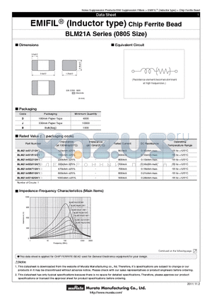 BLM21AG102SN1D datasheet - EMIFILr (Inductor type) Chip Ferrite Bead