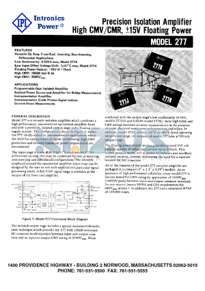 277 datasheet - Precision Isolation Amplifier High CMV/CMR, a15V Floating Power