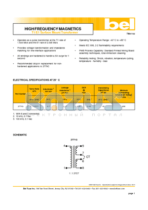2771G datasheet - HIGH FREQUENCY MAGNETICS T1/E1 Surface Mount Transformer