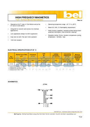 2779H datasheet - HIGH FREQUECY MAGNETICS T1/E1 Surface Mount Transformer
