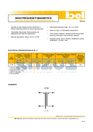 2779D datasheet - HIGH FREQUENCY MAGNETICS Specialty Surface Mount Shielded Transformer