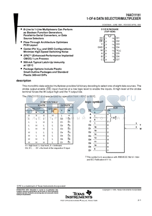 74AC11151 datasheet - 1-OF-8 DATA SELECTOR/MULTIPLEXER