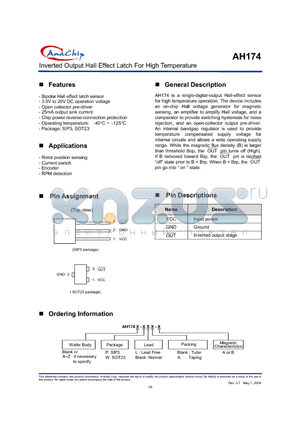 AH174R-PL-B datasheet - Inverted Output Hall Effect Latch For High Temperature