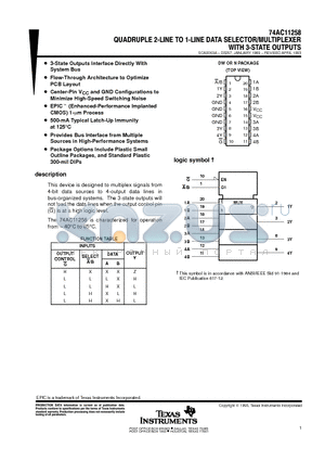 74AC11258 datasheet - QUADRUPLE 2-LINE TO 1-LINE DATA SELECTOR/MULTIPLEXER WITH 3-STATE OUTPUTS