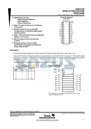 74AC11273 datasheet - OCTAL D-TYPE FLIP-FLOP WITH CLEAR