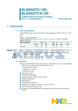 BLS6G2731S-120 datasheet - LDMOS S-band radar power transistor