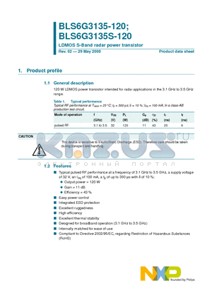 BLS6G3135S-120 datasheet - LDMOS S-Band radar power transistor