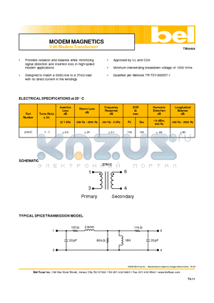 2791C datasheet - MODEM MAGNETICS V.90 Modem Transformer