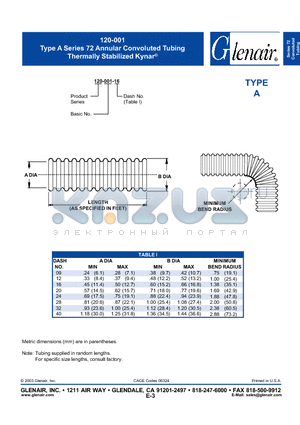 102-001-20 datasheet - Type A Series 72 Annular Convoluted Tubing Thermally Stabilized Kynar