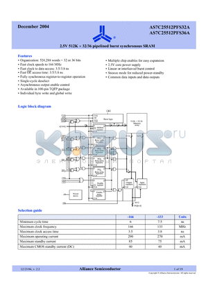 AS7C25512PFS32A-166TQC datasheet - 2.5V 512K x 32/36 pipelined burst synchronous SRAM