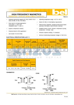 2795M datasheet - HIGH FREQUENCY MAGNETICS DS3/E3/STS-1 Dual-ratio Surface Mount Transformer