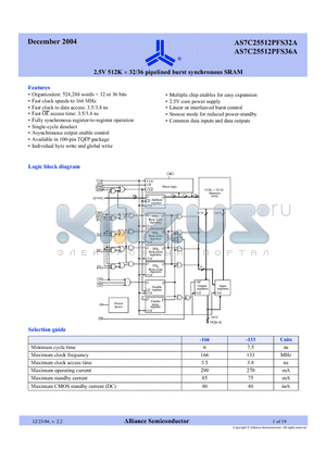 AS7C25512PFS32A datasheet - 2.5V 512K x 32/36 pipelined burst synchronous SRAM