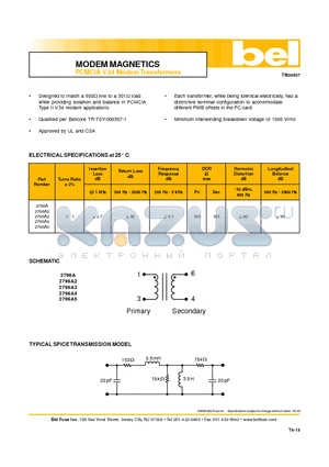 2796A datasheet - MODEM MAGNETICS PCMCIA V.34 Modem Transformers