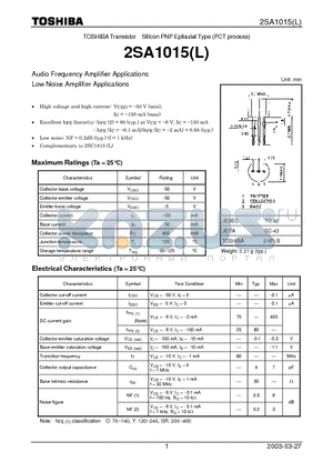 A1015 datasheet - PNP EPITAXIAL TYPE(AUDIO FREQUENCY GENERAL PURPOSE AMPLIFIER, DRIVER STAGE AMPLIFIER)