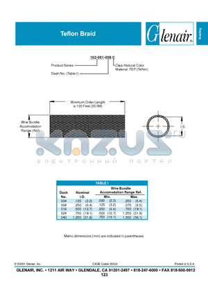 102-061-016C datasheet - Teflon Braid