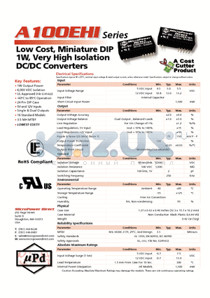 A101EHI datasheet - Low Cost, Miniature DIP 1W, Very High Isolation DC/DC Converters