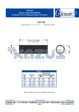 102-073-008 datasheet - Dacron Tubular Braid (Black) for Series 72 & 74 Tubing and Series 75 Conduit