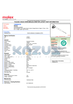 102003A01F060 datasheet - Mini-Change A-Size Single-Ended Cordset, Straight Male to Pigtail, 2 Poles, 1.83m (6.0 ) Length, Cable Type STOOW