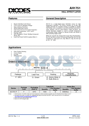 AH1751-PGB-A datasheet - HALL EFFECT LATCH