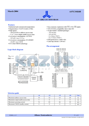 AS7C31024B-10JCN datasheet - 3.3V 128K X 8 CMOS SRAM